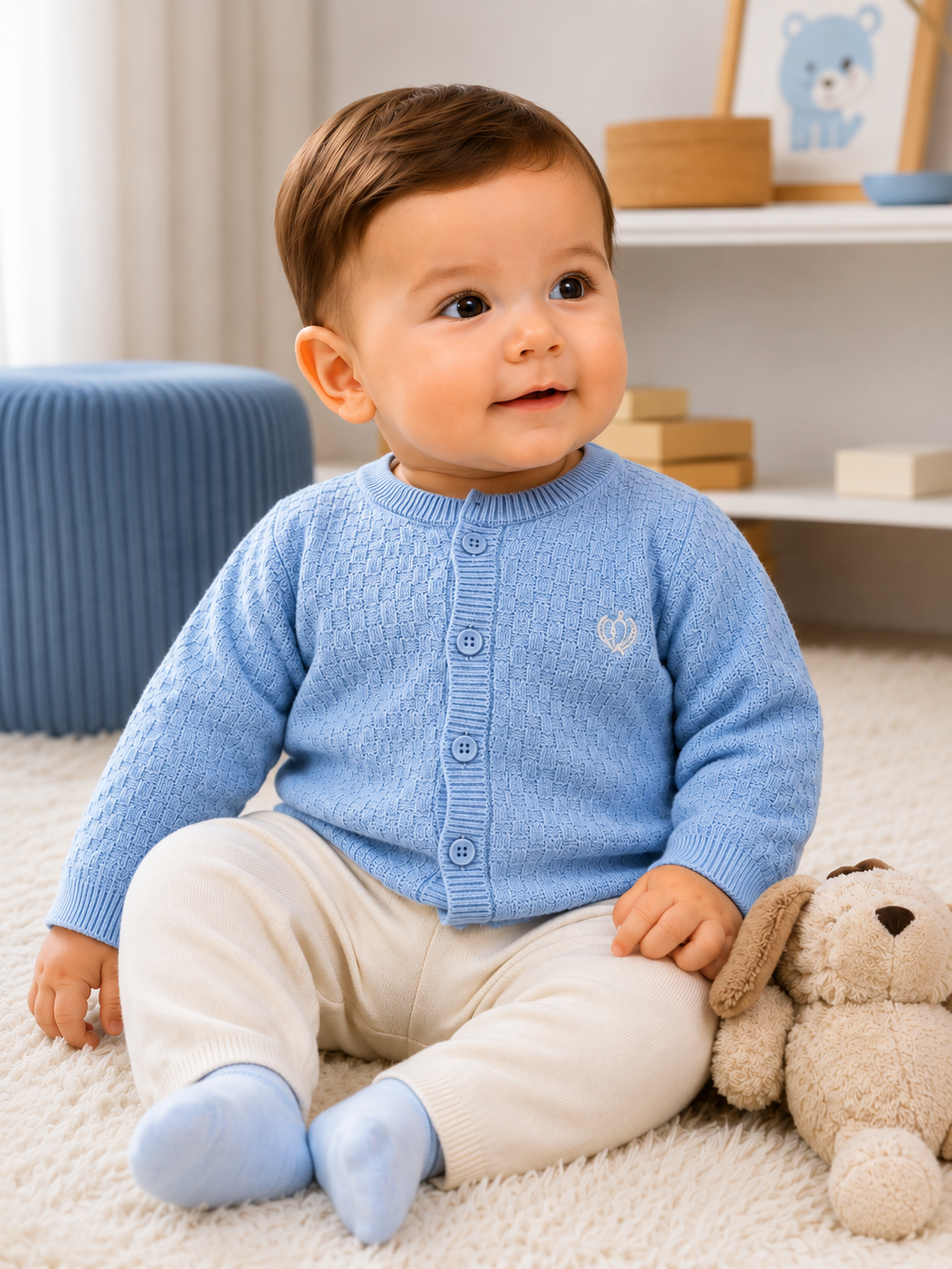 Bebê sentado no tapete usando casaquinho azul claro e calça branca, ao lado de um bichinho de pelúcia, em quarto infantil aconchegante.