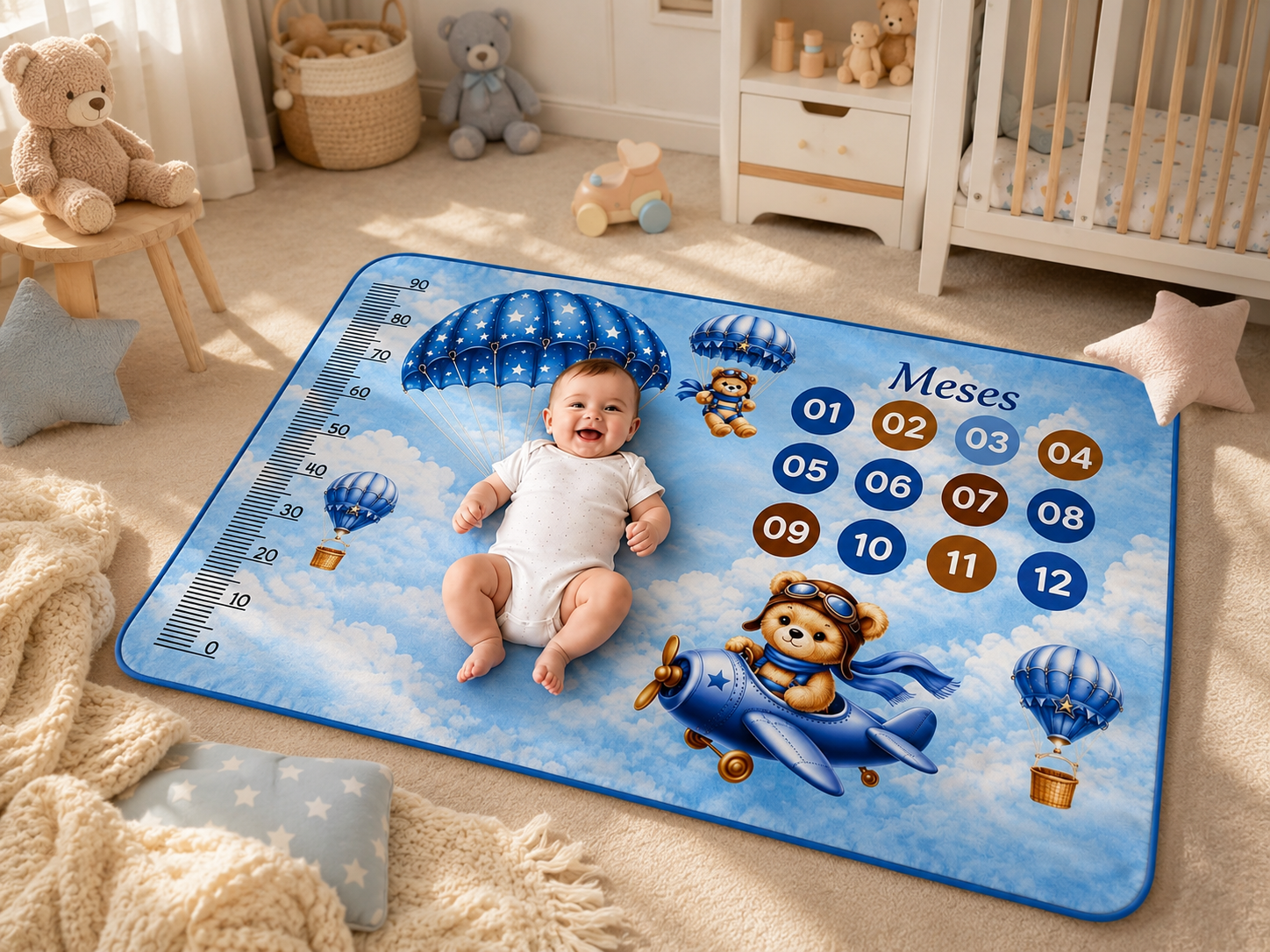 Bebê sorridente deitado em tapete mesversário azul com tema aviador em quarto infantil elegante e aconchegante, cercado por decoração delicada e iluminação natural suave.