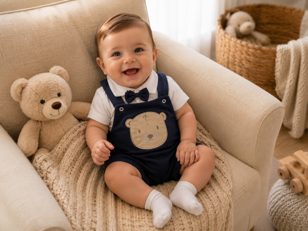 Bebê sorridente usando jardineira azul com ursinho e gravata borboleta em poltrona aconchegante de quarto infantil sofisticado.