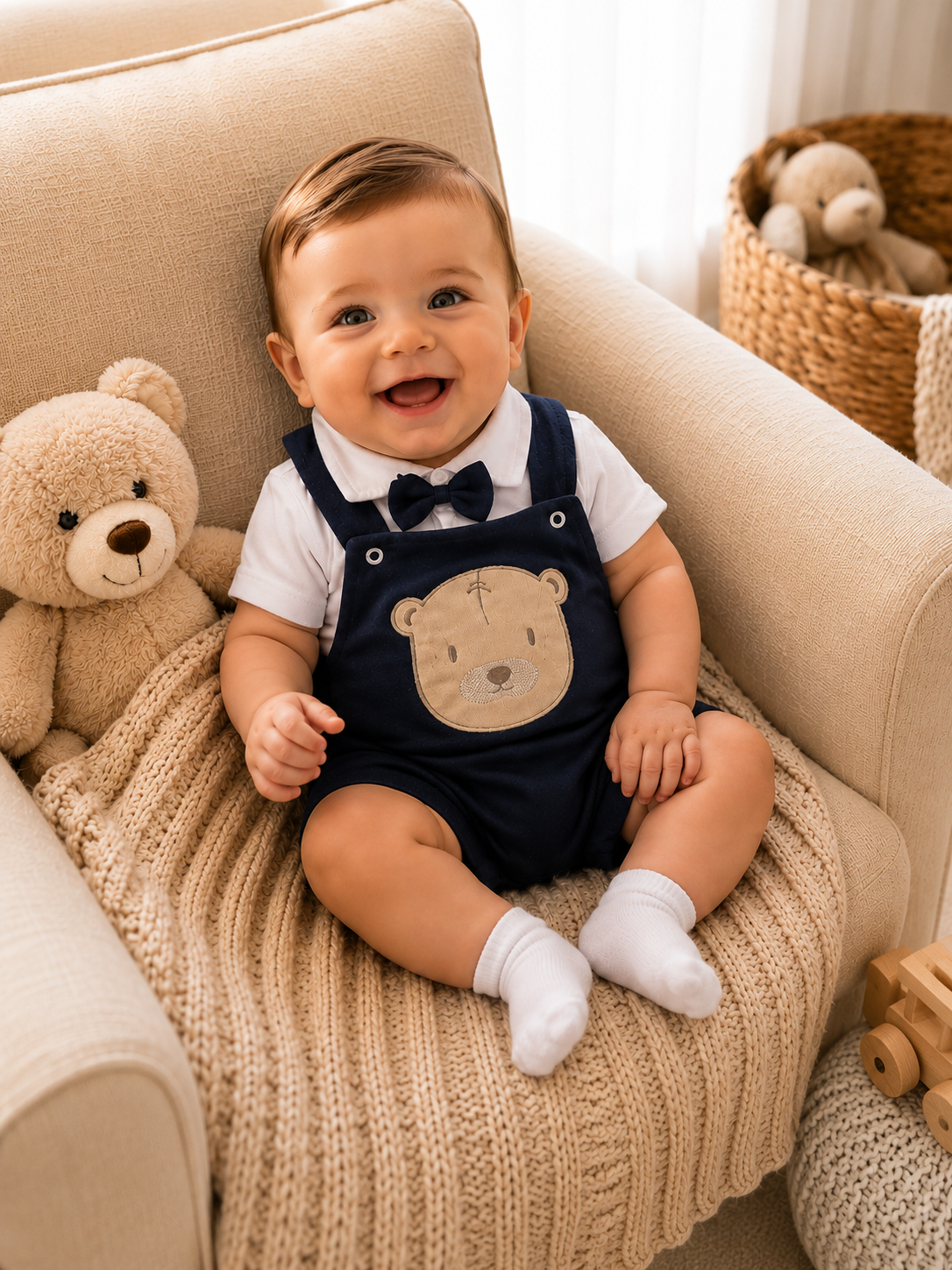 Bebê sorridente usando jardineira azul com ursinho e gravata borboleta em poltrona aconchegante de quarto infantil sofisticado.