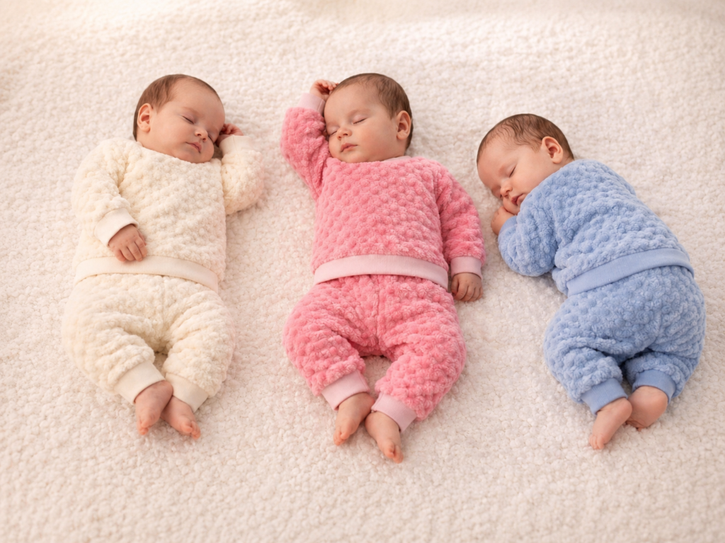 Três bebês dormindo lado a lado sobre uma manta felpuda branca, vestindo conjuntos macios nas cores creme, rosa e azul.