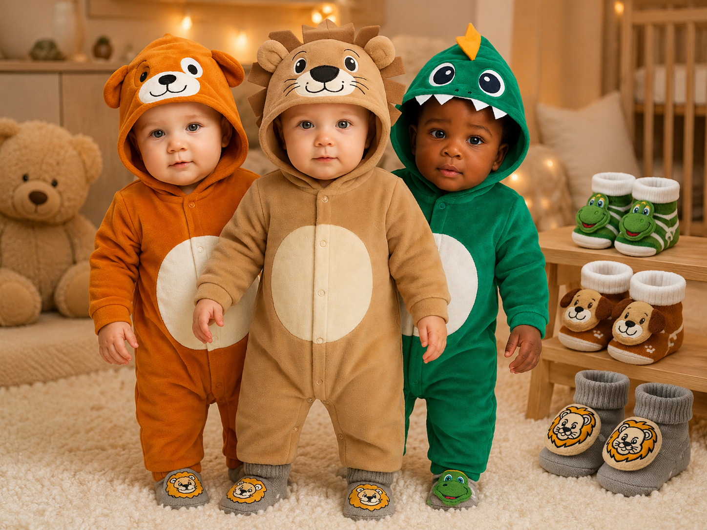 Três bebês usando macacões temáticos de bichinhos nas cores caramelo e verde, em um quarto infantil aconchegante, cercados por meias divertidas e decoração delicada.