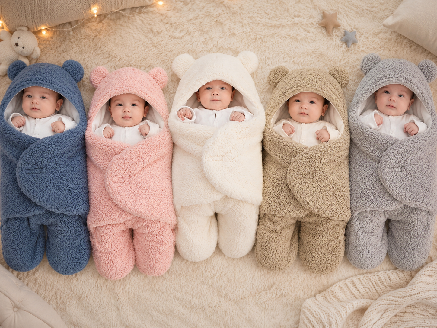 Cinco bebês aconchegados em sacos de dormir felpudos com orelhinhas de ursinho, nas cores azul, rosa, creme, bege e cinza, deitados sobre uma manta macia.