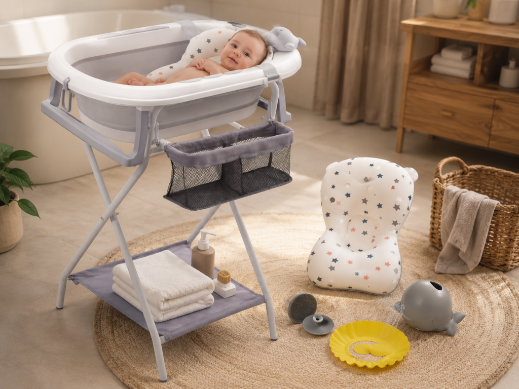 Banheira dobrável para bebê com suporte elevado, redutor acolchoado e acessórios, em ambiente moderno e aconchegante para cuidados infantis.