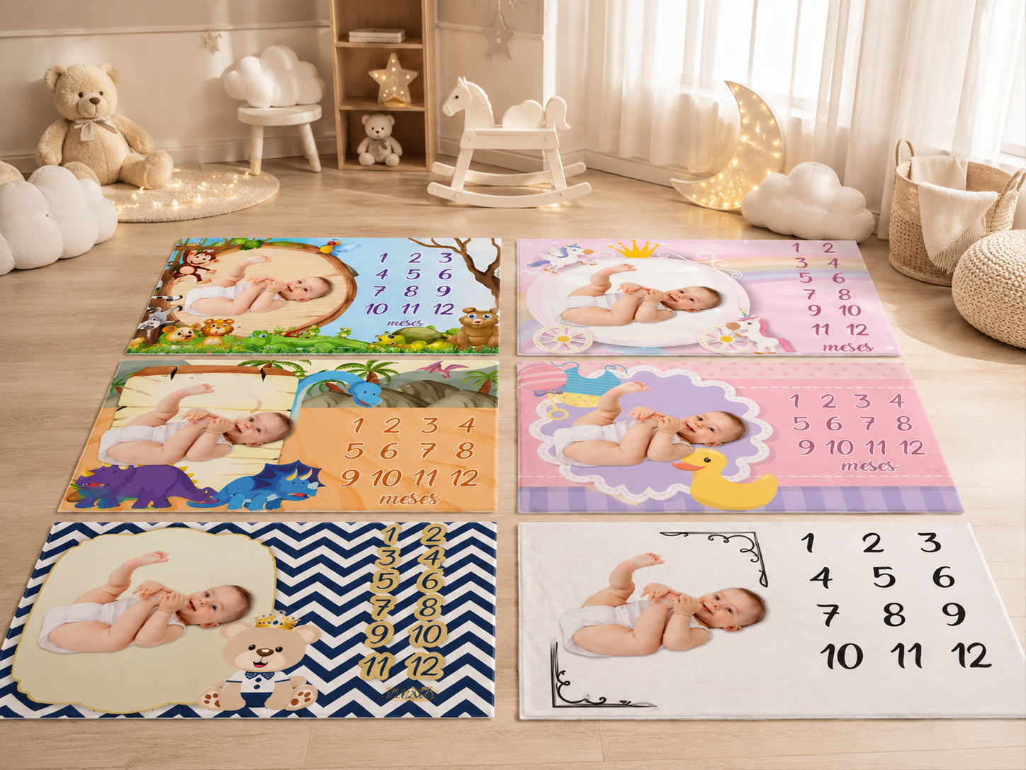 Coleção de tapetes mesversário para bebês exposta em um estúdio infantil sofisticado, com diferentes temas decorativos para registrar o crescimento mês a mês.