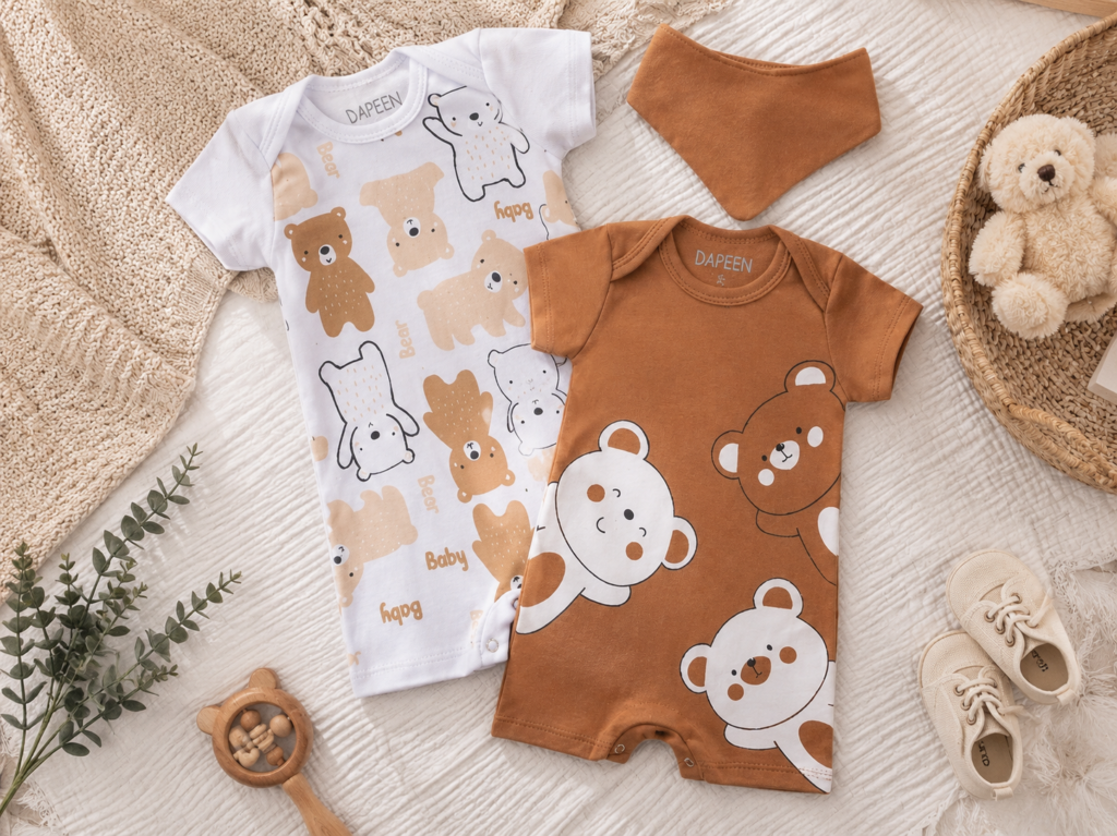Conjunto de dois macacões curtos para bebê com estampas de ursinhos em tons terrosos, acompanhado de bandana, disposto sobre tecido neutro em composição delicada.