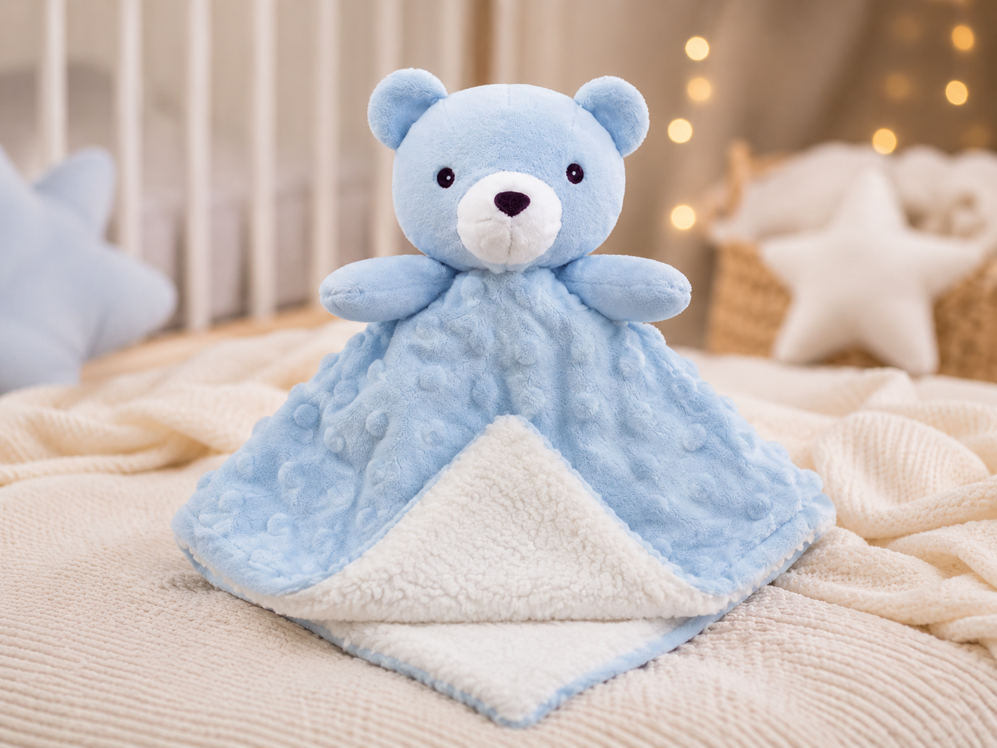 Naninha de ursinho azul para bebê com tecido macio texturizado e forro felpudo branco, posicionada em um ambiente infantil aconchegante.