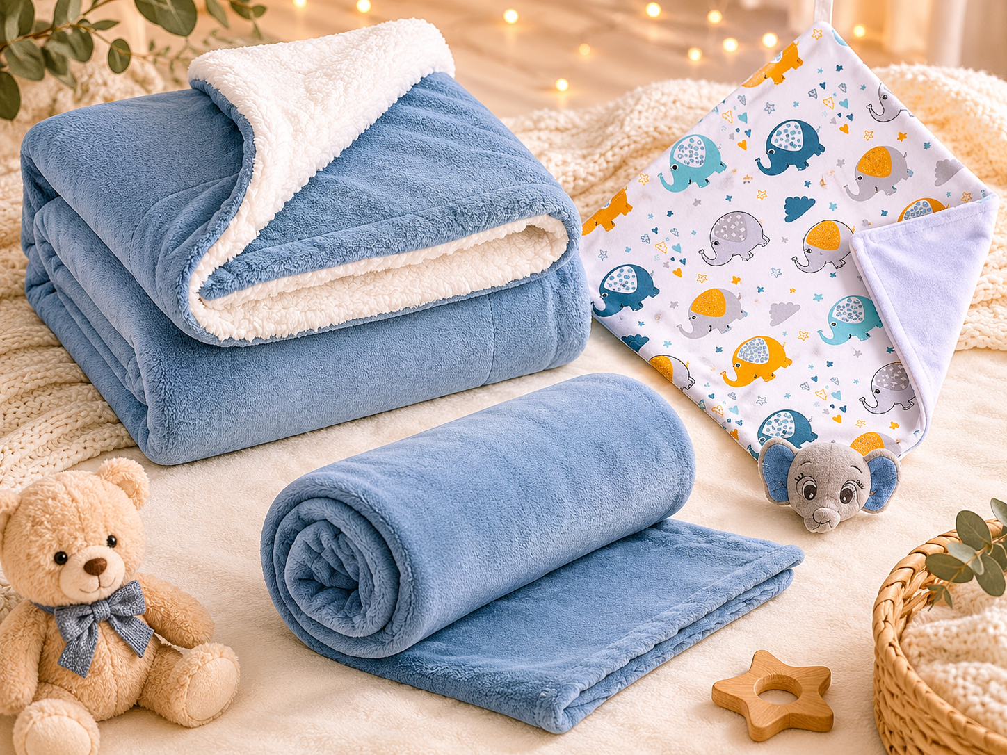 Kit para bebê composto por manta azul macia, cobertor com forro felpudo e naninha estampada de elefantinhos, disposto em um ambiente infantil aconchegante.
